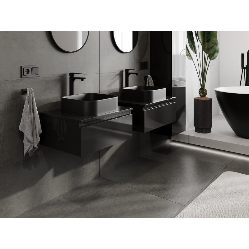 Mexen Orio Badezimmerschrank für Waschbecken 60 cm mit Arbeitsplatte, 1 Schublade, schwarzer Glanz - 91A10-06023-1-BFC70