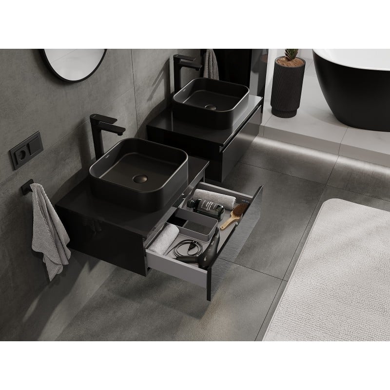 Mexen Orio Badezimmerschrank für Waschbecken 60 cm mit Arbeitsplatte, 1 Schublade, schwarzer Glanz - 91A10-06023-1-BFC70