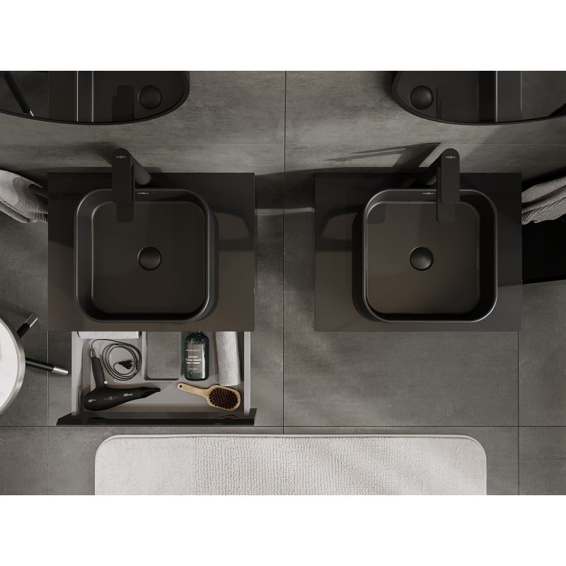 Mexen Orio Badezimmerschrank für Waschbecken 60 cm mit Arbeitsplatte, 1 Schublade, schwarzer Glanz - 91A10-06023-1-BFC70