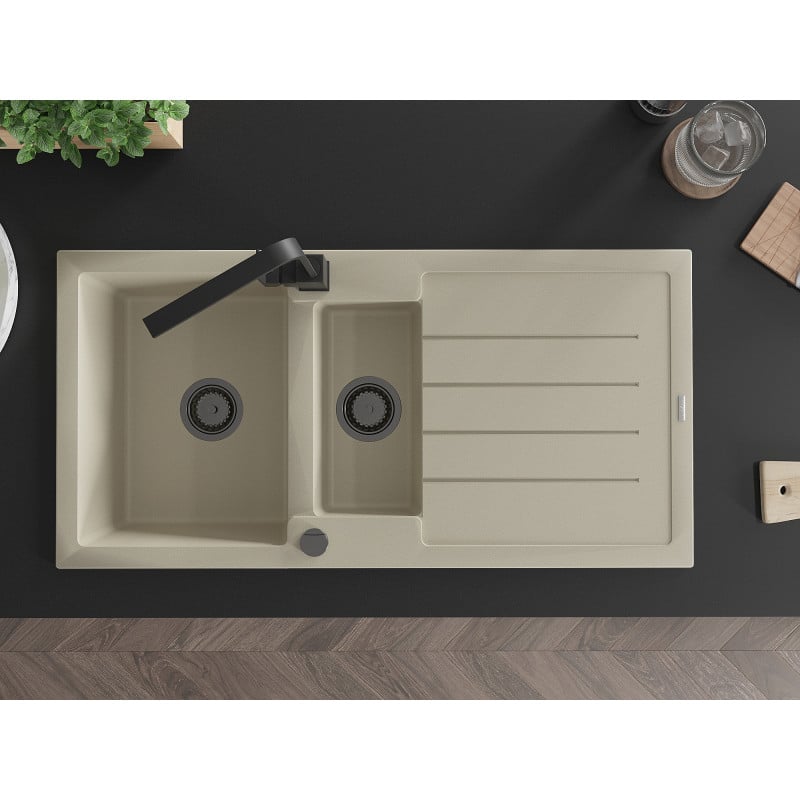 Mexen Andres Granitspüle 1,5-Becken mit Abtropffläche und Küchenarmatur Rita, beige - 6515-69-670300-70