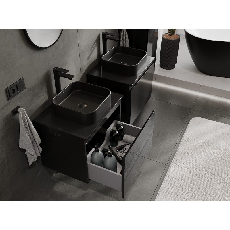 Mexen Orio Badezimmerschrank Unterschrank 60 cm mit Arbeitsplatte, 1 Schublade, Schwarz Hochglanz - 91A10-06047-1-BFC70