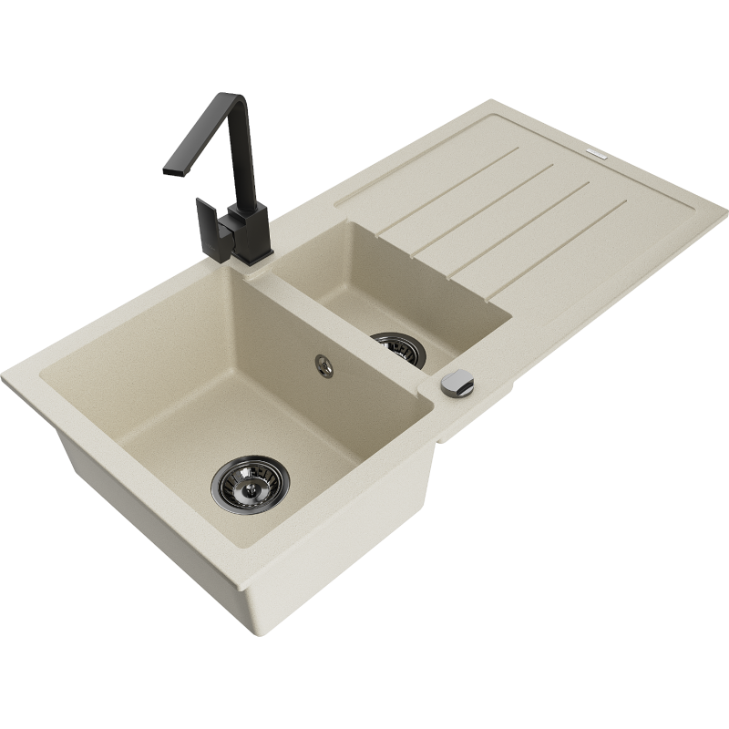 Mexen Andres Granitspüle 1,5-Becken mit Abtropffläche und Küchenarmatur Rita, beige - 6515-69-670300-70