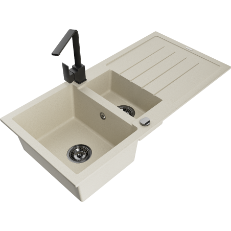Mexen Andres Granitspüle 1,5-Becken mit Abtropffläche und Küchenarmatur Rita, beige - 6515-69-670300-70