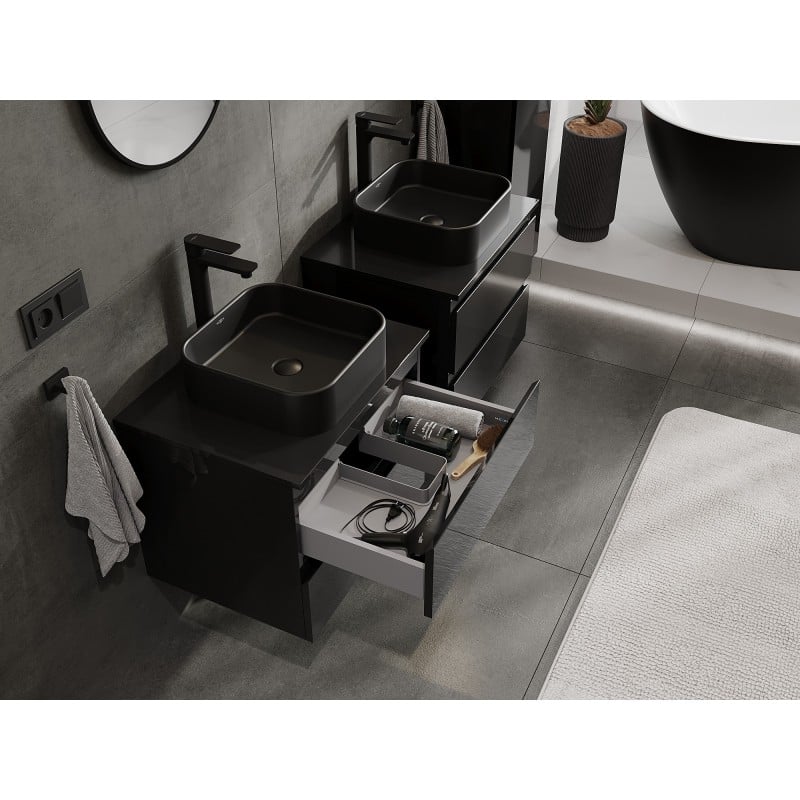 Mexen Orio Badezimmer-Unterschrank 60 cm mit Arbeitsplatte, 2 Schubladen, schwarz glänzend - 91A10-06047-2-BFFC70