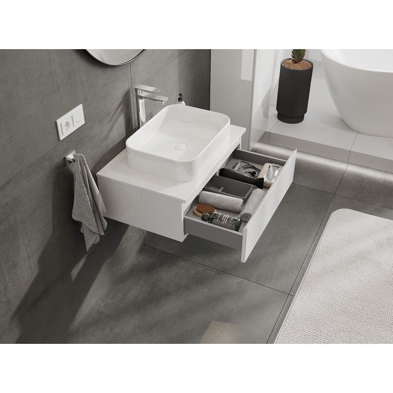 Mexen Orio Badezimmerschrank für Waschtisch 70 cm mit Platte, 1 Schublade, Weiß Glanz - 91A10-07023-1-BFC00