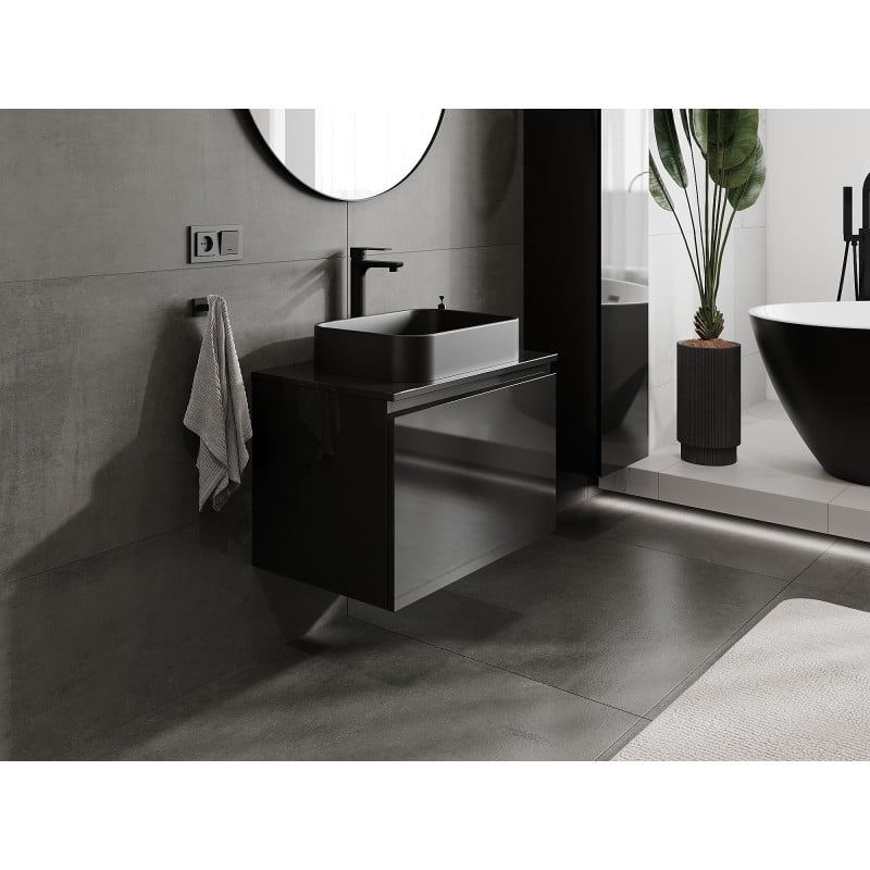 Mexen Orio Badezimmerschrank 70 cm mit Arbeitsplatte, 1 Schublade, schwarz glänzend - 91A10-07047-1-BFC70