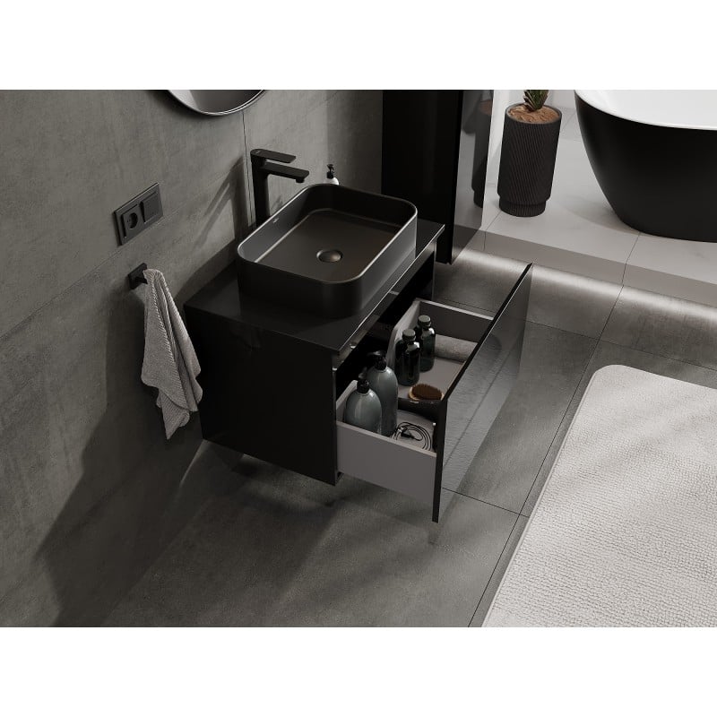 Mexen Orio Badezimmerschrank 70 cm mit Arbeitsplatte, 1 Schublade, schwarz glänzend - 91A10-07047-1-BFC70