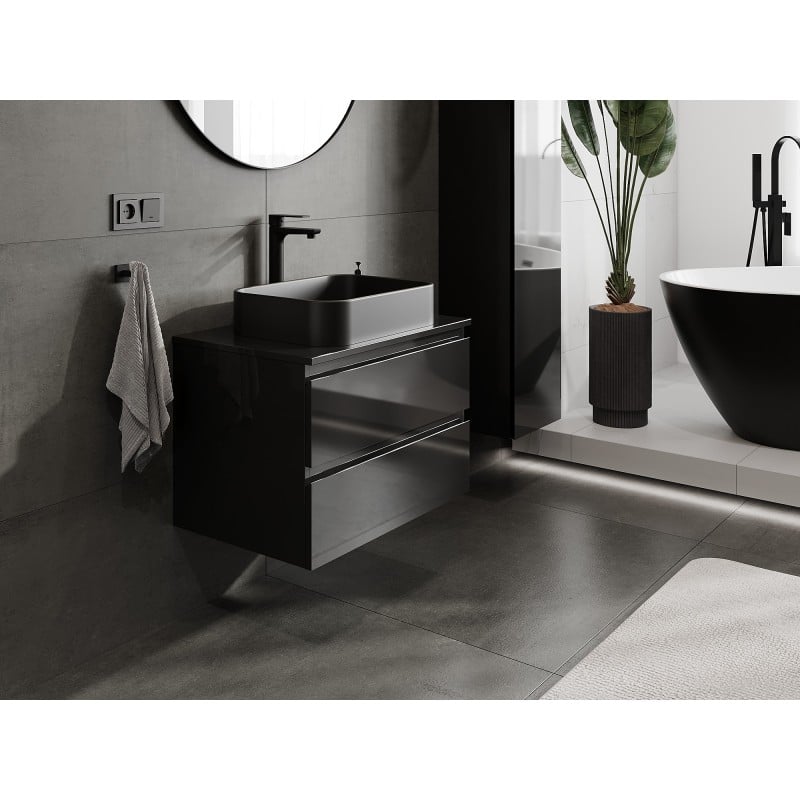 Mexen Orio Badezimmerschrank für Waschbecken 70 cm mit Arbeitsplatte, 2 Schubladen, Schwarz glänzend - 91A10-07047-2-BFFC70