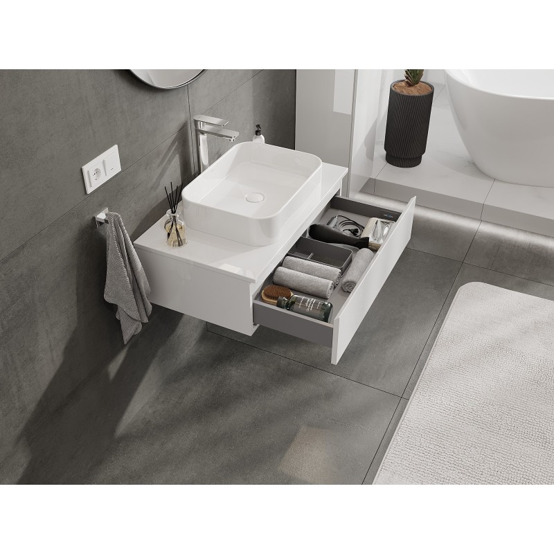 Mexen Orio Badezimmerschrank unter Waschbecken 80 cm mit Platte, 1 Schublade, weiß Hochglanz - 91A10-08023-1-BFC00