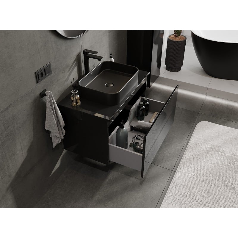 Mexen Orio Badezimmerschrank 80 cm mit Waschtischplatte, 1 Schublade, schwarz glänzend - 91A10-08047-1-BFC70