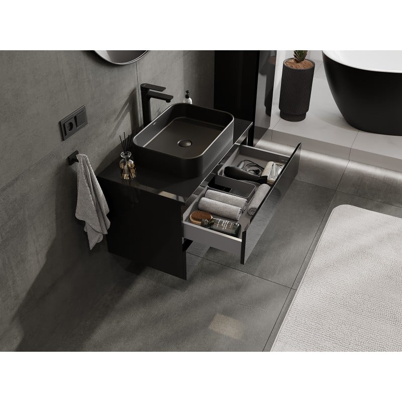 Mexen Orio Badezimmerschrank unter Waschbecken 80 cm mit Arbeitsplatte, 2 Schubladen, schwarz glänzend - 91A10-08047-2-BFFC70