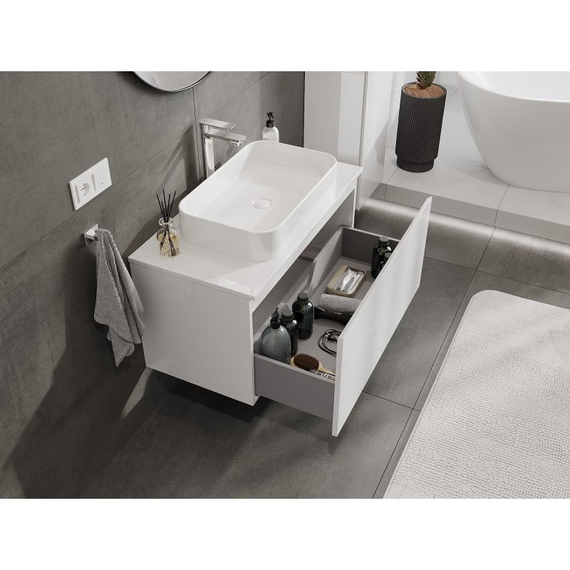 Mexen Orio Badezimmer-Unterschrank 90 cm mit Platte, 1 Schublade, weiß glänzend - 91A10-09047-1-BFC00