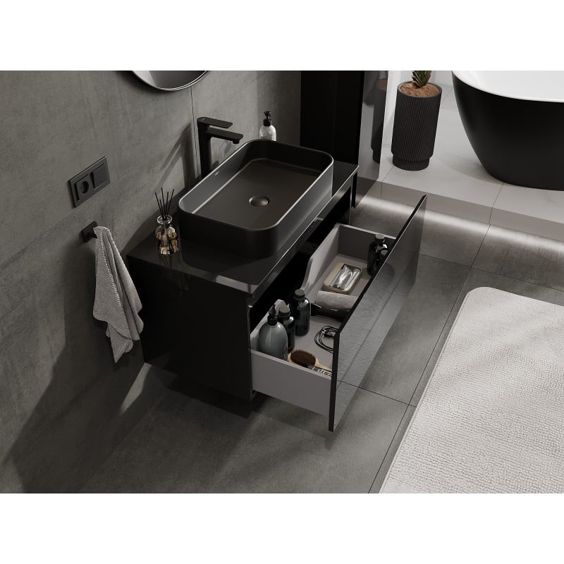 Mexen Orio Badezimmerunterschrank 90 cm mit Arbeitsplatte, 1 Schublade, schwarz glänzend - 91A10-09047-1-BFC70