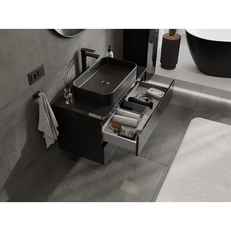 Mexen Orio Badezimmer-Unterschrank 90 cm mit Arbeitsplatte, 2 Schubladen, Schwarz Hochglanz - 91A10-09047-2-BFFC70