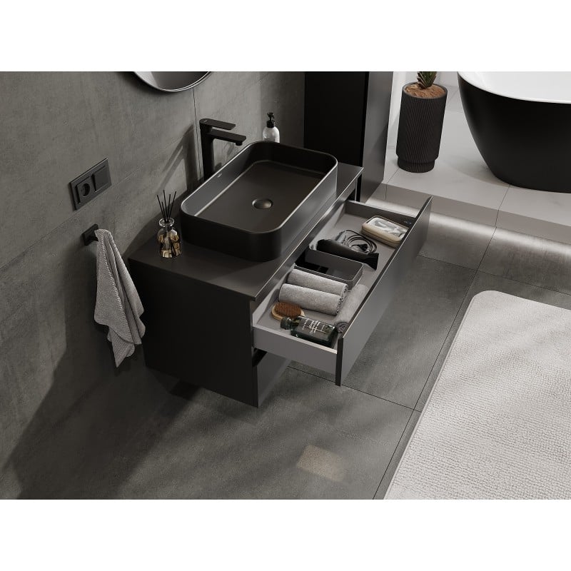 Mexen Orio Badezimmerschrank für Waschbecken 90 cm mit Platte, 2 Schubladen, schwarz matt - 91A10-09047-2-BFFC71