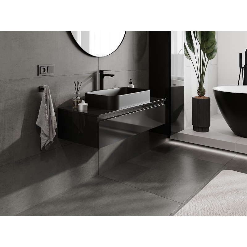 Mexen Orio Badezimmerschrank für Waschbecken 100 cm mit Arbeitsplatte, 1 Schublade, schwarz glänzend - 91A10-10023-1-BFC70