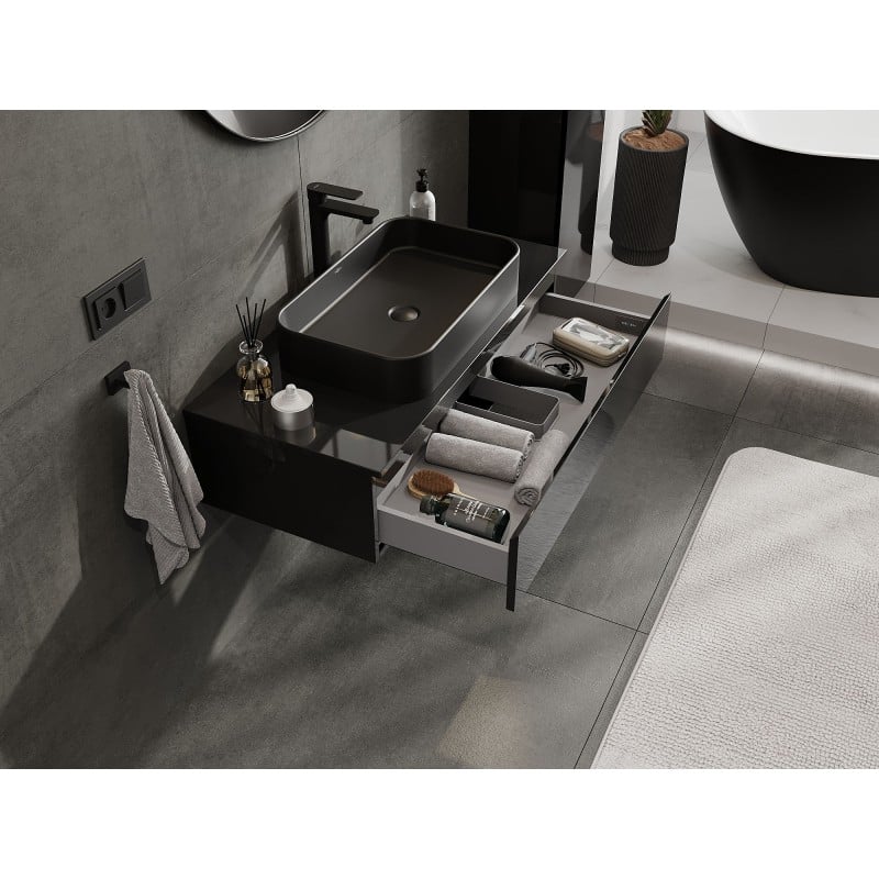 Mexen Orio Badezimmerschrank für Waschbecken 100 cm mit Arbeitsplatte, 1 Schublade, schwarz glänzend - 91A10-10023-1-BFC70