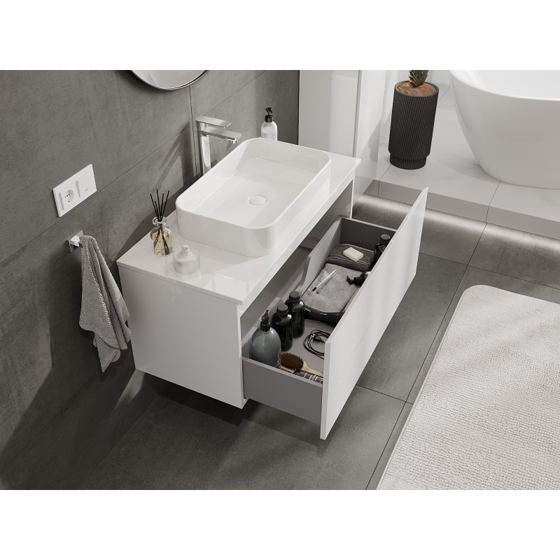 Mexen Orio Badezimmerschrank für Waschbecken 100 cm mit Arbeitsplatte, 1 Schublade, weiß glänzend - 91A10-10047-1-BFC00