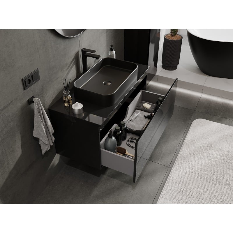 Mexen Orio Badezimmerschrank unter dem Waschbecken 100 cm mit Arbeitsplatte, 1 Schublade, schwarzer Glanz - 91A10-10047-1-BFC70