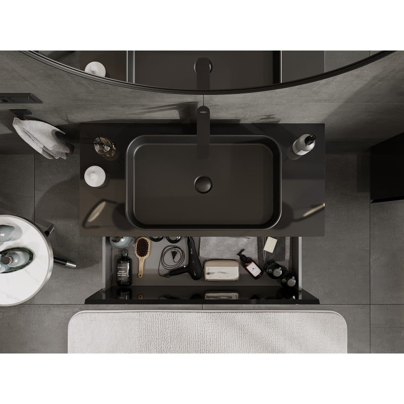 Mexen Orio Badezimmerschrank unter dem Waschbecken 100 cm mit Arbeitsplatte, 1 Schublade, schwarzer Glanz - 91A10-10047-1-BFC70