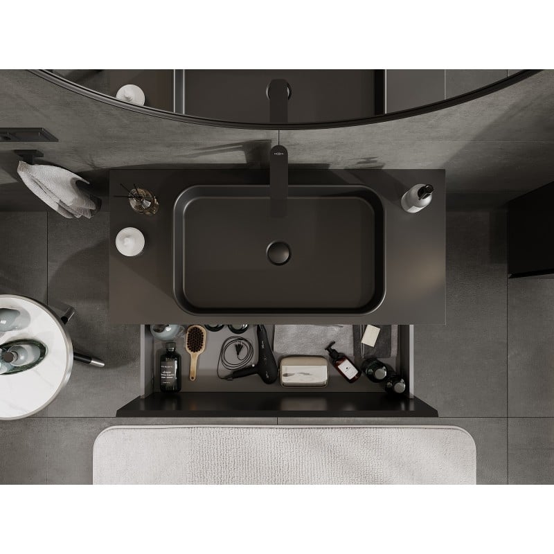 Mexen Orio Badezimmerschrank mit Waschtisch 100 cm mit Arbeitsplatte, 1 Schublade, Schwarz Matt - 91A10-10047-1-BFC71