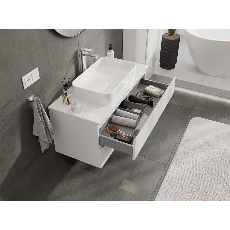 Mexen Orio Badezimmerschrank 100 cm mit Arbeitsplatte, 2 Schubladen, weiß glänzend - 91A10-10047-2-BFFC00