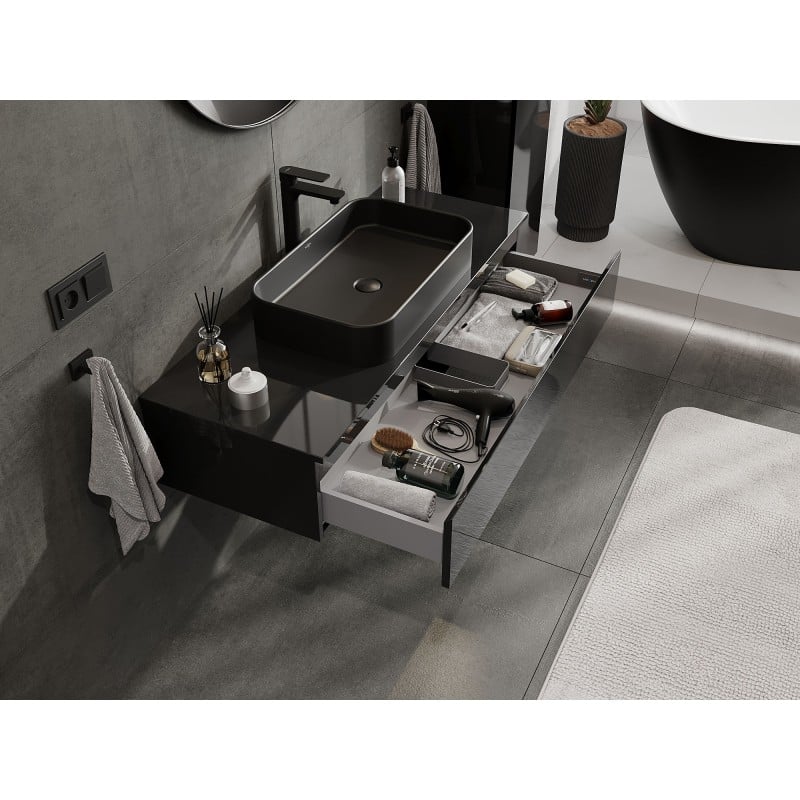 Mexen Orio Badezimmerschrank für Waschbecken 120 cm mit Arbeitsplatte, 1 Schublade, schwarz glänzend - 91A10-12023-1-BFC70
