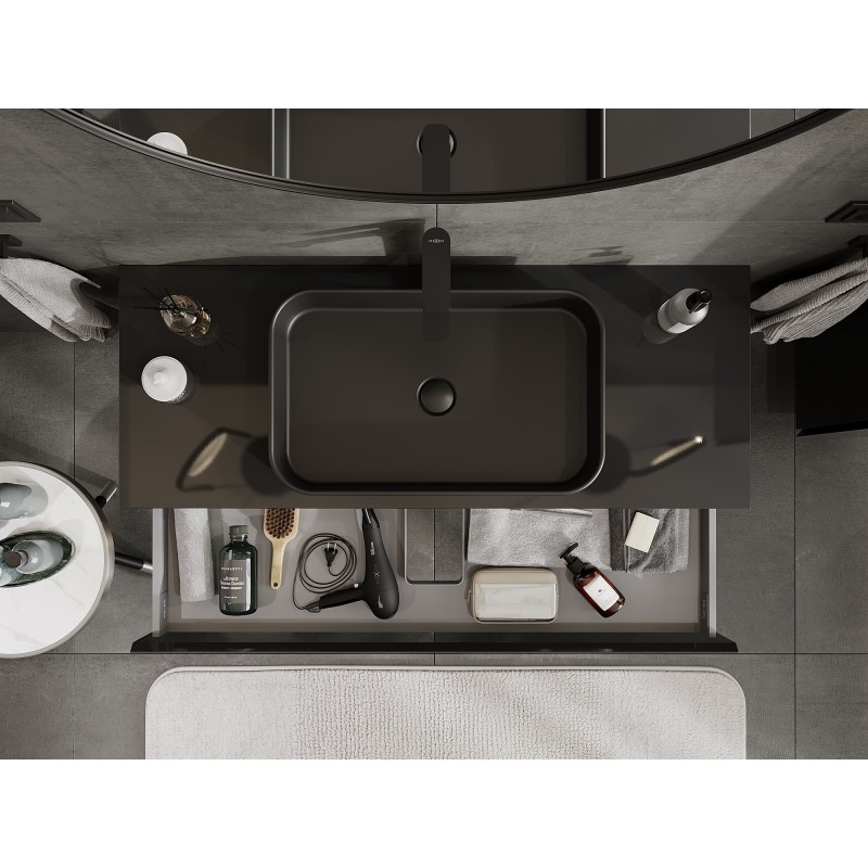 Mexen Orio Badezimmerschrank für Waschbecken 120 cm mit Arbeitsplatte, 1 Schublade, schwarz glänzend - 91A10-12023-1-BFC70