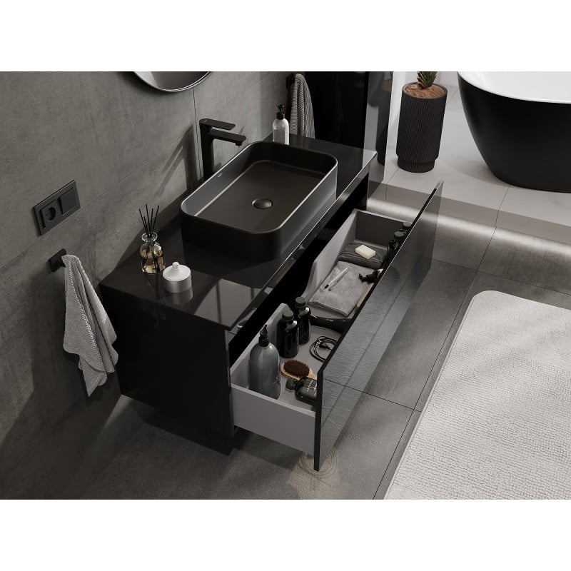 Mexen Orio Badezimmerschrank für Waschbecken 120 cm mit Arbeitsplatte, 1 Schublade, schwarz glänzend - 91A10-12047-1-BFC70