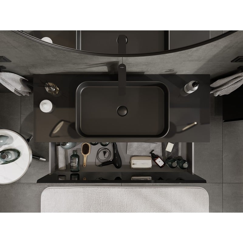 Mexen Orio Badezimmerschrank für Waschbecken 120 cm mit Arbeitsplatte, 1 Schublade, schwarz glänzend - 91A10-12047-1-BFC70