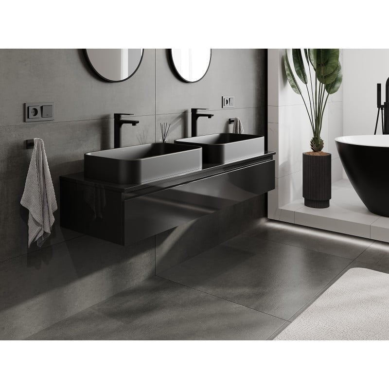 Mexen Orio Badezimmerschrank unter Waschbecken 140 cm mit Arbeitsplatte, 1 Schublade, schwarz glänzend - 91A10-14023-1-BFC70