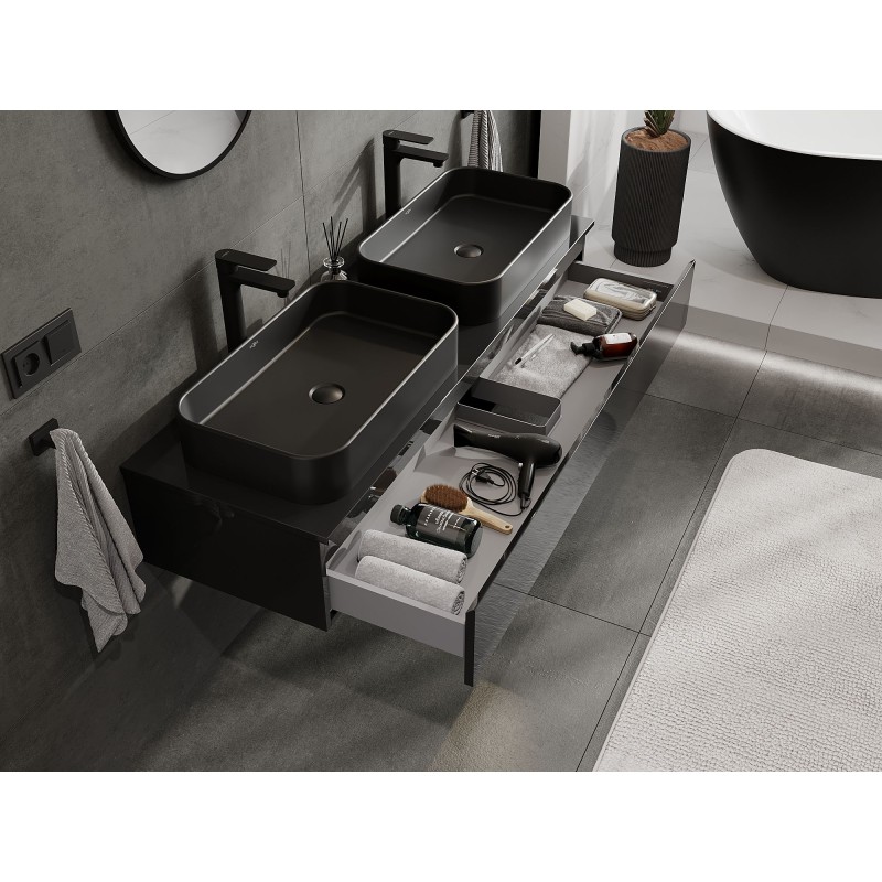 Mexen Orio Badezimmerschrank unter Waschbecken 140 cm mit Arbeitsplatte, 1 Schublade, schwarz glänzend - 91A10-14023-1-BFC70
