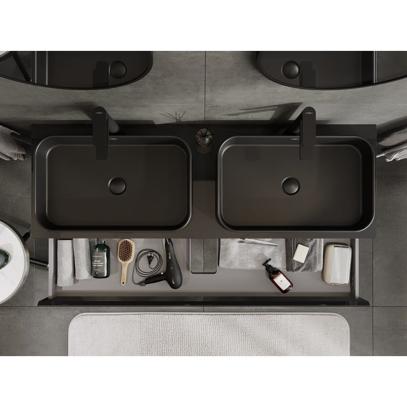 Mexen Orio Badezimmerschrank unter Waschbecken 140 cm mit Arbeitsplatte, 1 Schublade, schwarz glänzend - 91A10-14023-1-BFC70