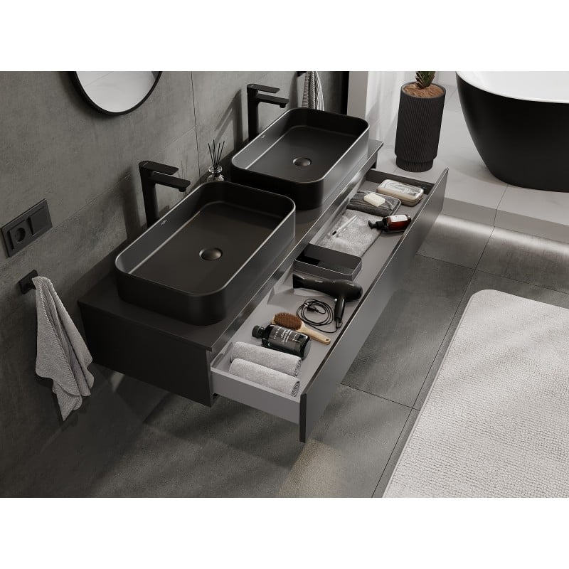 Mexen Orio Badezimmerschrank 140 cm mit Arbeitsplatte, 1 Schublade, Schwarz Matt - 91A10-14023-1-BFC71