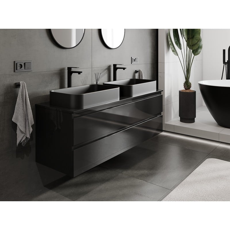 Mexen Orio Badezimmerunterschrank 140 cm mit Arbeitsplatte, 2 Schubladen, schwarzer Glanz - 91A10-14047-2-BFFC70