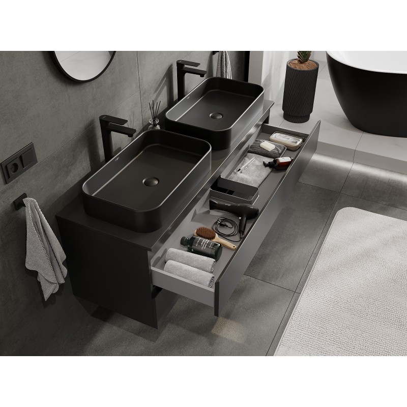 Mexen Orio Badezimmerschrank unter Waschbecken 140 cm mit Platte, 2 Schubladen, schwarz matt - 91A10-14047-2-BFFC71