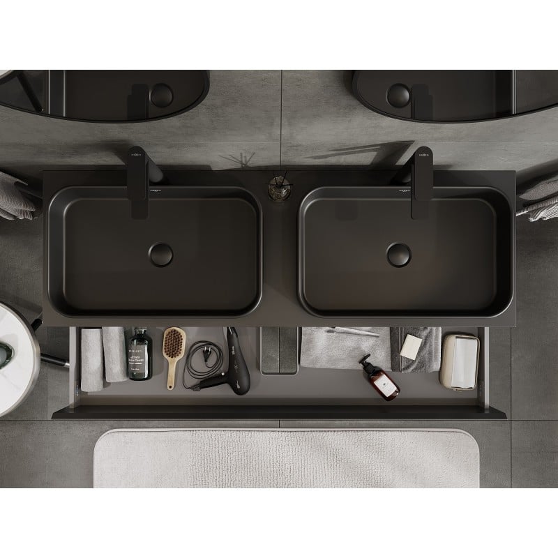 Mexen Orio Badezimmerschrank unter Waschbecken 140 cm mit Platte, 2 Schubladen, schwarz matt - 91A10-14047-2-BFFC71