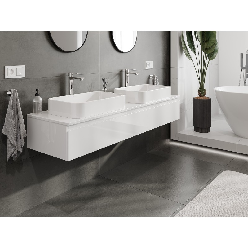 Mexen Orio Badezimmerschrank unter Waschbecken 160 cm mit Platte, 1 Schublade, weiß hochglanz - 91A10-16023-1-BFC00