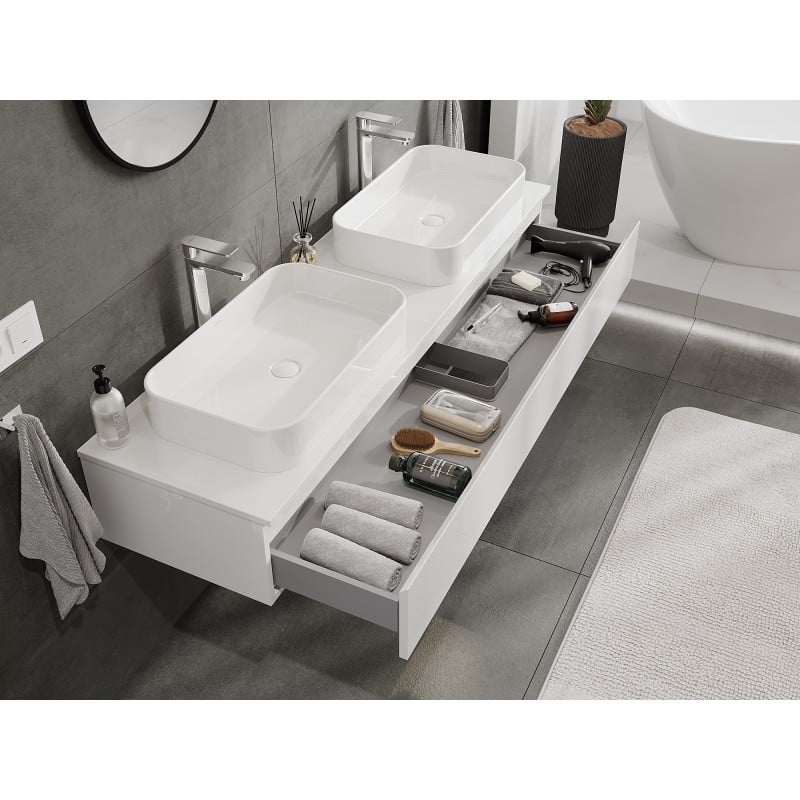 Mexen Orio Badezimmerschrank unter Waschbecken 160 cm mit Platte, 1 Schublade, weiß hochglanz - 91A10-16023-1-BFC00
