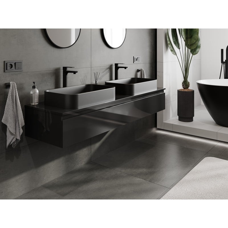 Mexen Orio Badezimmerschrank 160 cm mit Arbeitsplatte, 1 Schublade, schwarz glänzend - 91A10-16023-1-BFC70