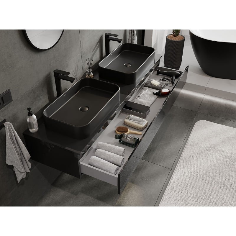 Mexen Orio Badezimmerschrank 160 cm mit Arbeitsplatte, 1 Schublade, schwarz glänzend - 91A10-16023-1-BFC70