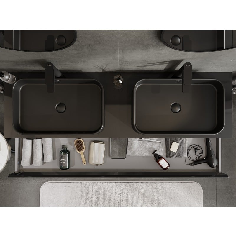 Mexen Orio Badezimmerschrank 160 cm mit Arbeitsplatte, 1 Schublade, schwarz glänzend - 91A10-16023-1-BFC70