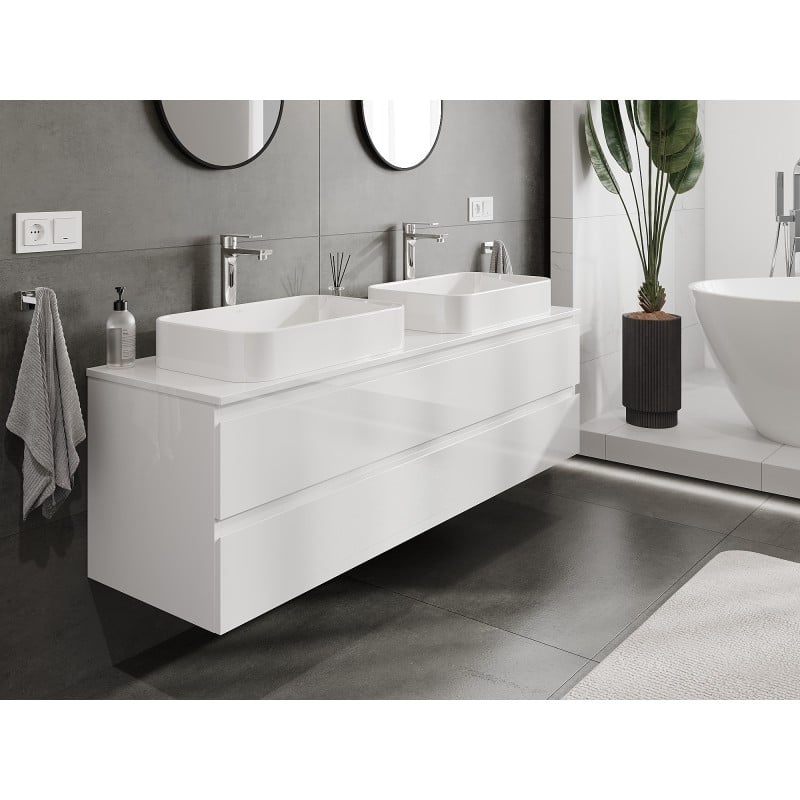 Mexen Orio Badezimmerunterschrank 160 cm mit Platte, 2 Schubladen, Weiß glänzend - 91A10-16047-2-BFFC00