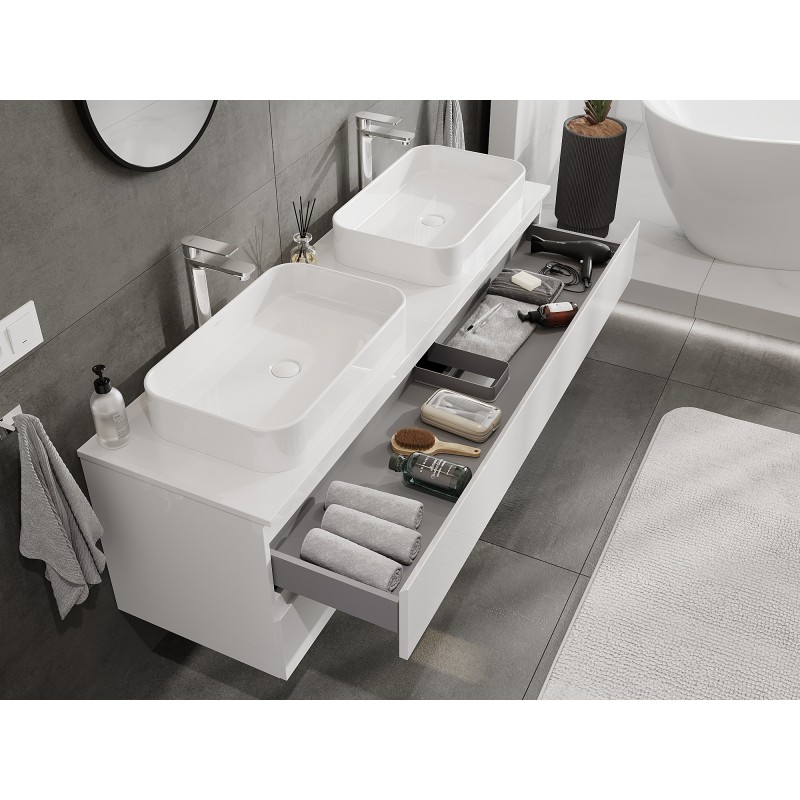 Mexen Orio Badezimmerunterschrank 160 cm mit Platte, 2 Schubladen, Weiß glänzend - 91A10-16047-2-BFFC00