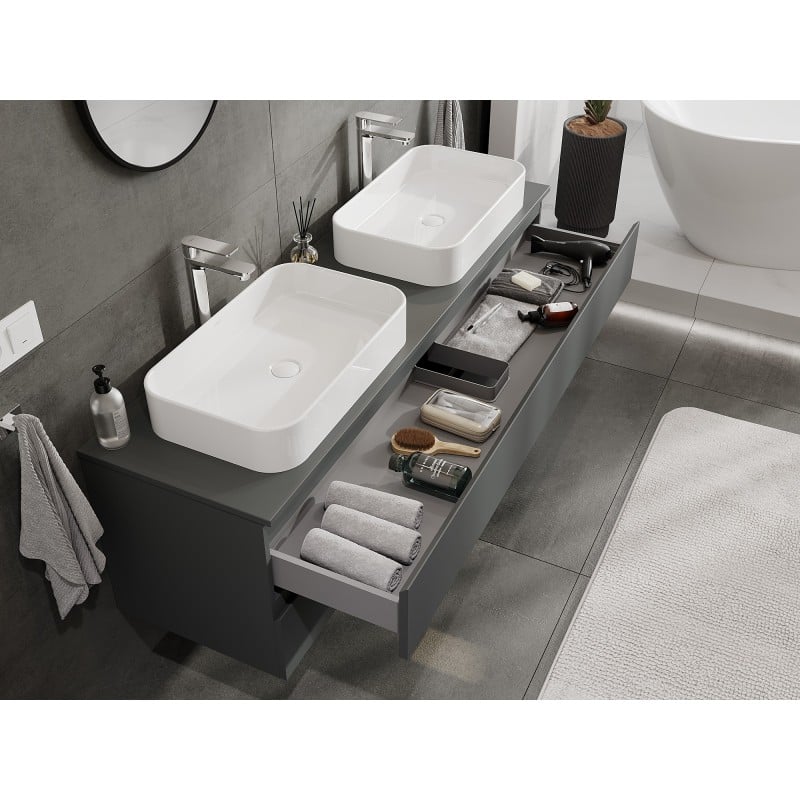 Mexen Orio Badezimmerschrank 160 cm mit Waschtischplatte, 2 Schubladen, Graphit Matt - 91A10-16047-2-BFFC66