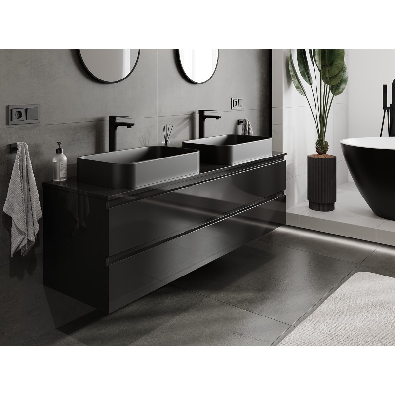 Mexen Orio Badezimmerschrank 160 cm mit Waschtischplatte, 2 Schubladen, schwarz glänzend - 91A10-16047-2-BFFC70