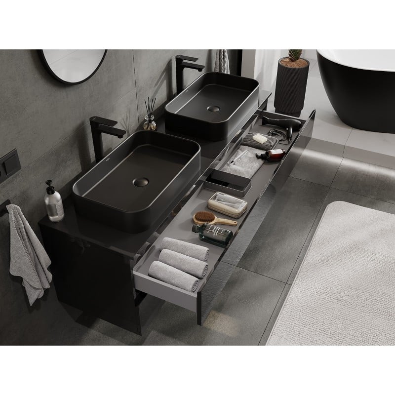 Mexen Orio Badezimmerschrank 160 cm mit Waschtischplatte, 2 Schubladen, schwarz glänzend - 91A10-16047-2-BFFC70