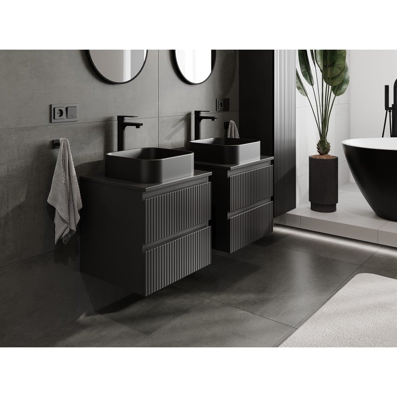 Mexen Rivel Badezimmer-Unterschrank 50 cm mit Platte, 2 Schubladen, geriffelt, schwarz matt - 91A20-05047-2-BFFC71