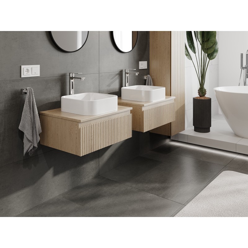 Mexen Rivel Badezimmerschrank 60 cm mit Waschbeckenplatte, 1 Schublade, profiliert, Eiche - 91A20-06023-1-BFC81