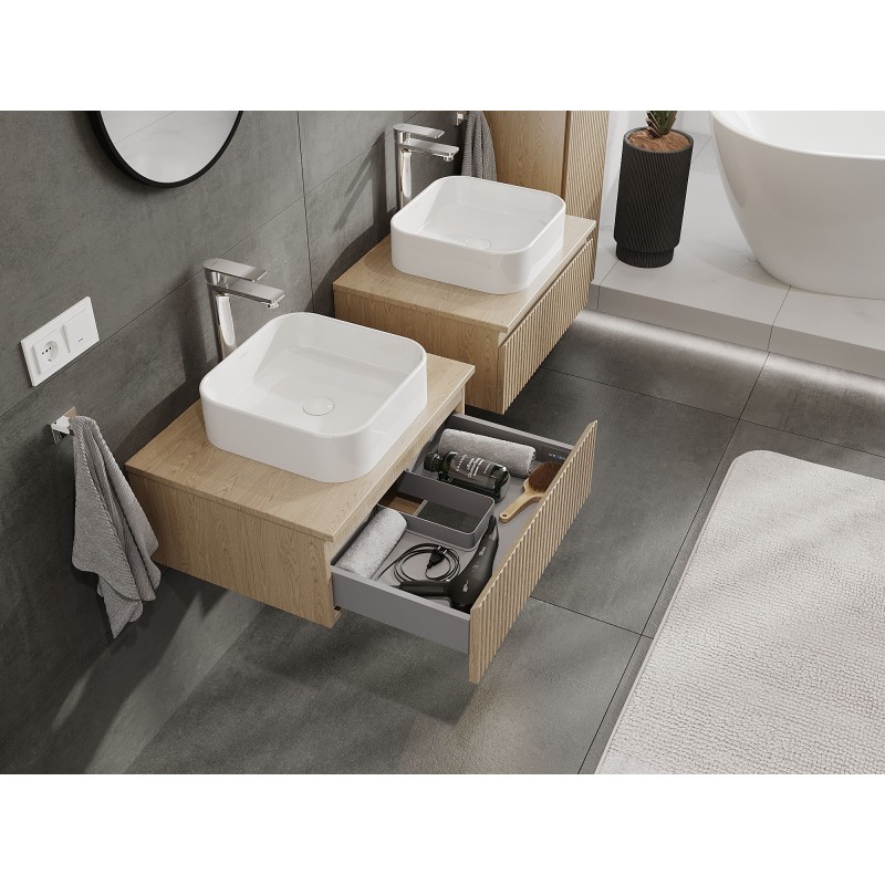 Mexen Rivel Badezimmerschrank 60 cm mit Waschbeckenplatte, 1 Schublade, profiliert, Eiche - 91A20-06023-1-BFC81